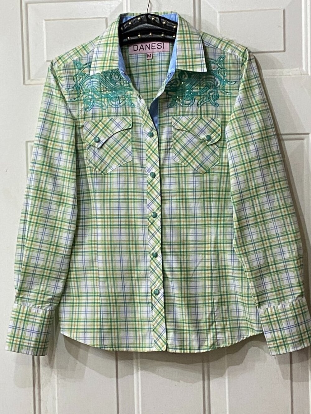 NEW DANESI Sz M Womens Western Shirt Snap Long Sleeve Green/White /Yellow Check